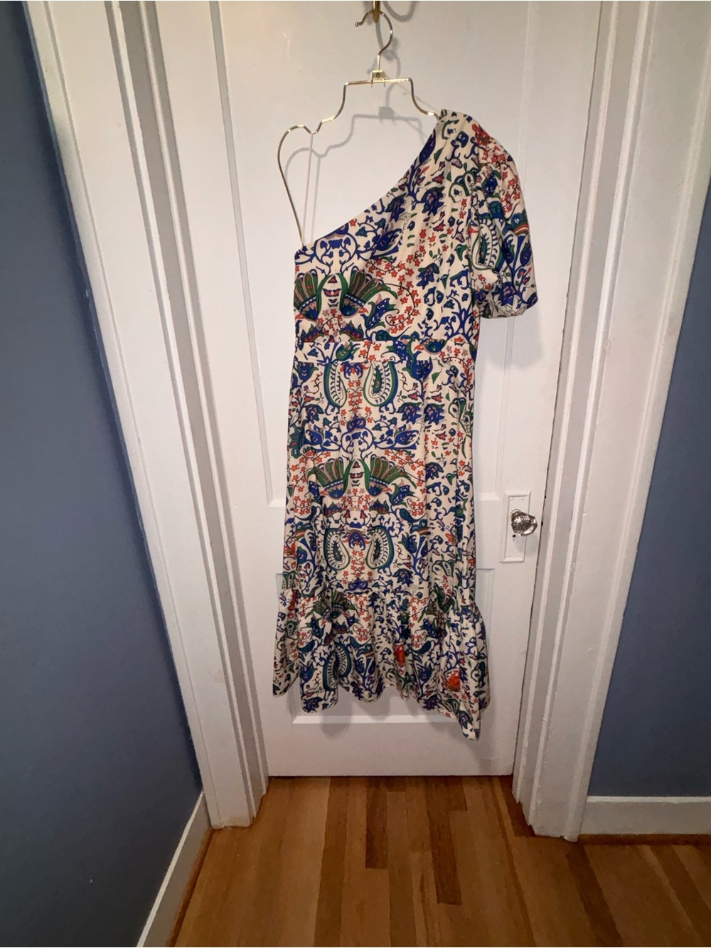 Vici One-Shoulder Paisley Midi Dress in Cream, Blue, Green and Orange - Picture 6 of 7